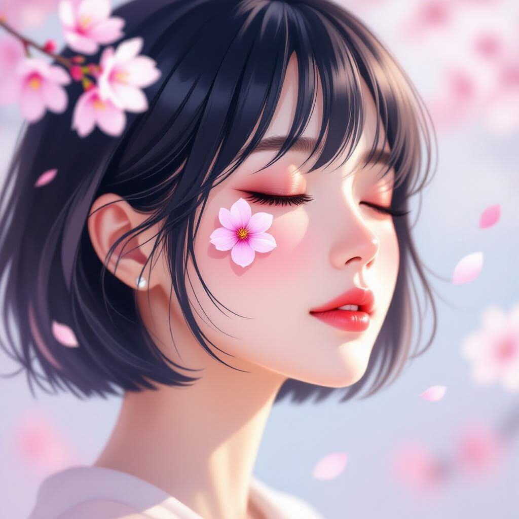 Serene Woman with Cherry Blossom Petal in Watercolor Style