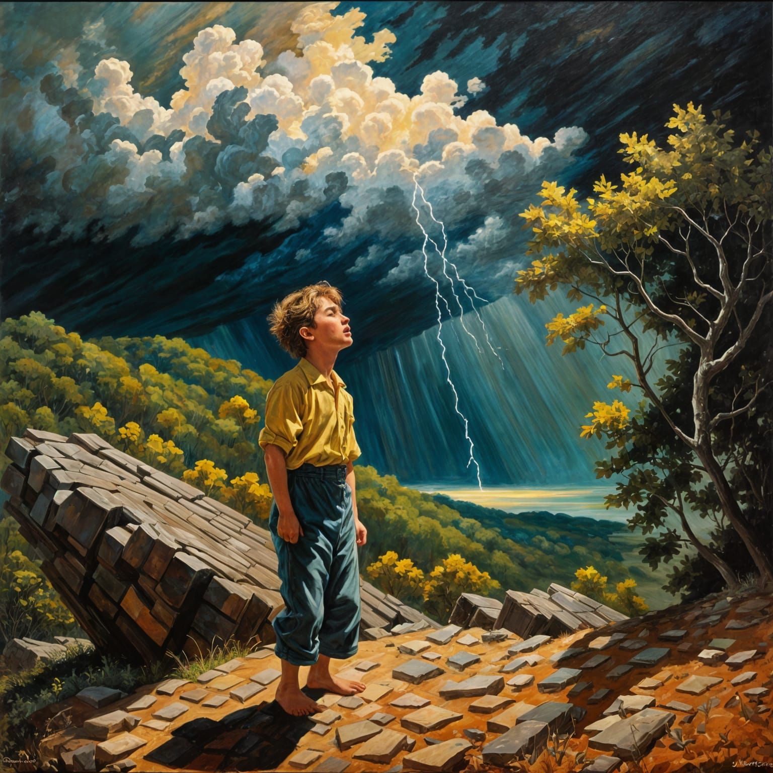 Dramatic Scene of Boy, Mother, and Storm, Oil Painting