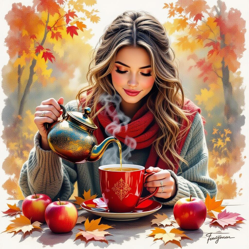 Cozy Autumn Tea Pouring Scene with Apples and Leaves
