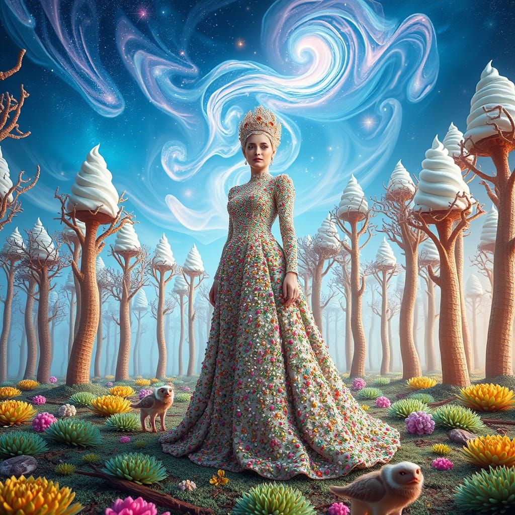 Ice Cream Gown in Surreal Forest, Dreamlike Bio-Art