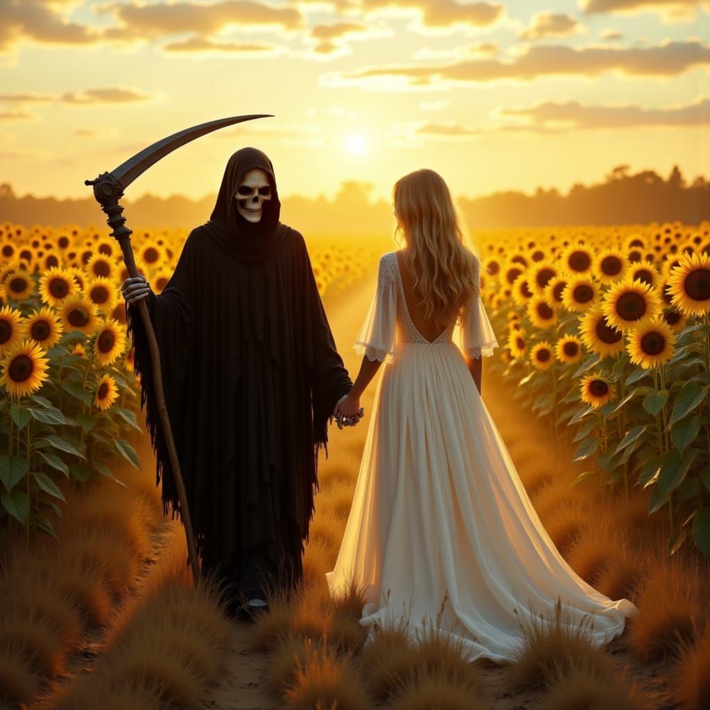 Grim Reaper and Blonde Queen Stroll Through a Sunflower Fiel...