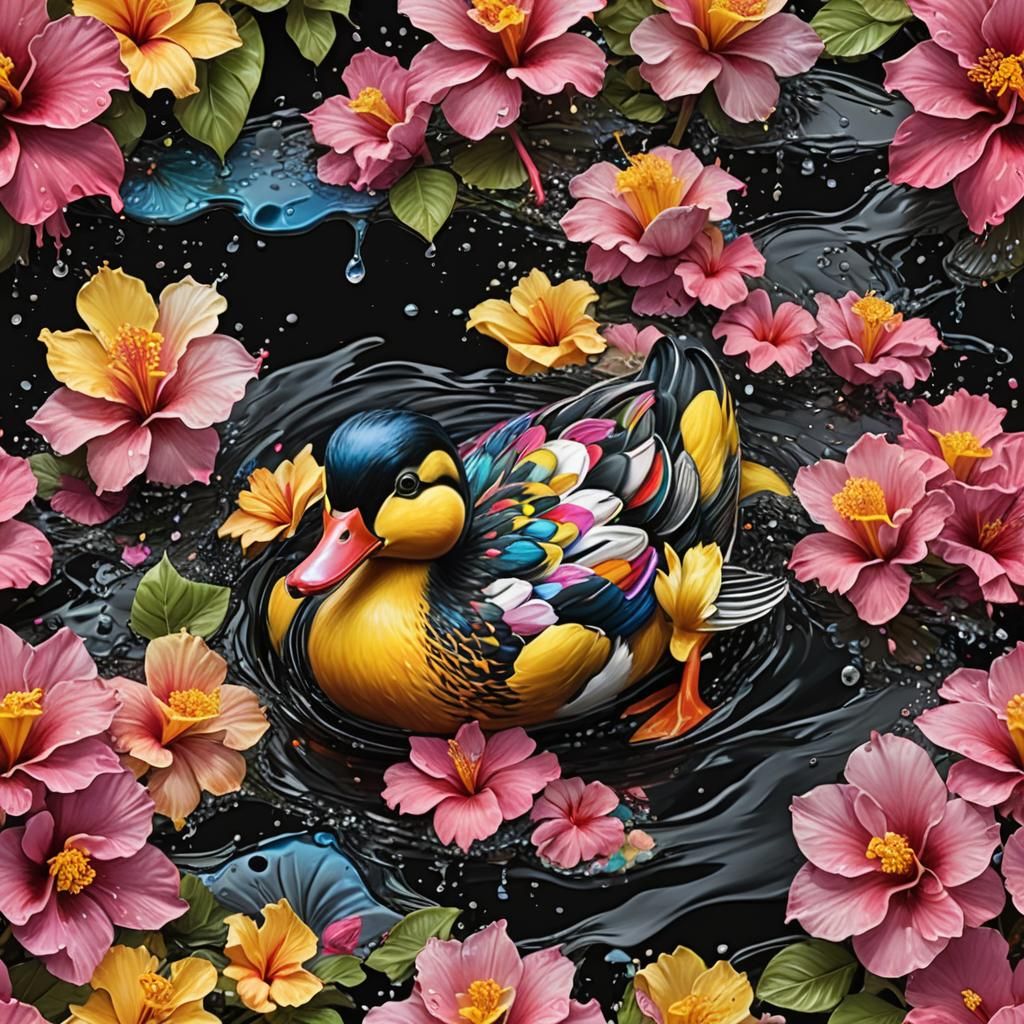3D HDR Visualize an (((ultra detailed calico yellow pink duc...