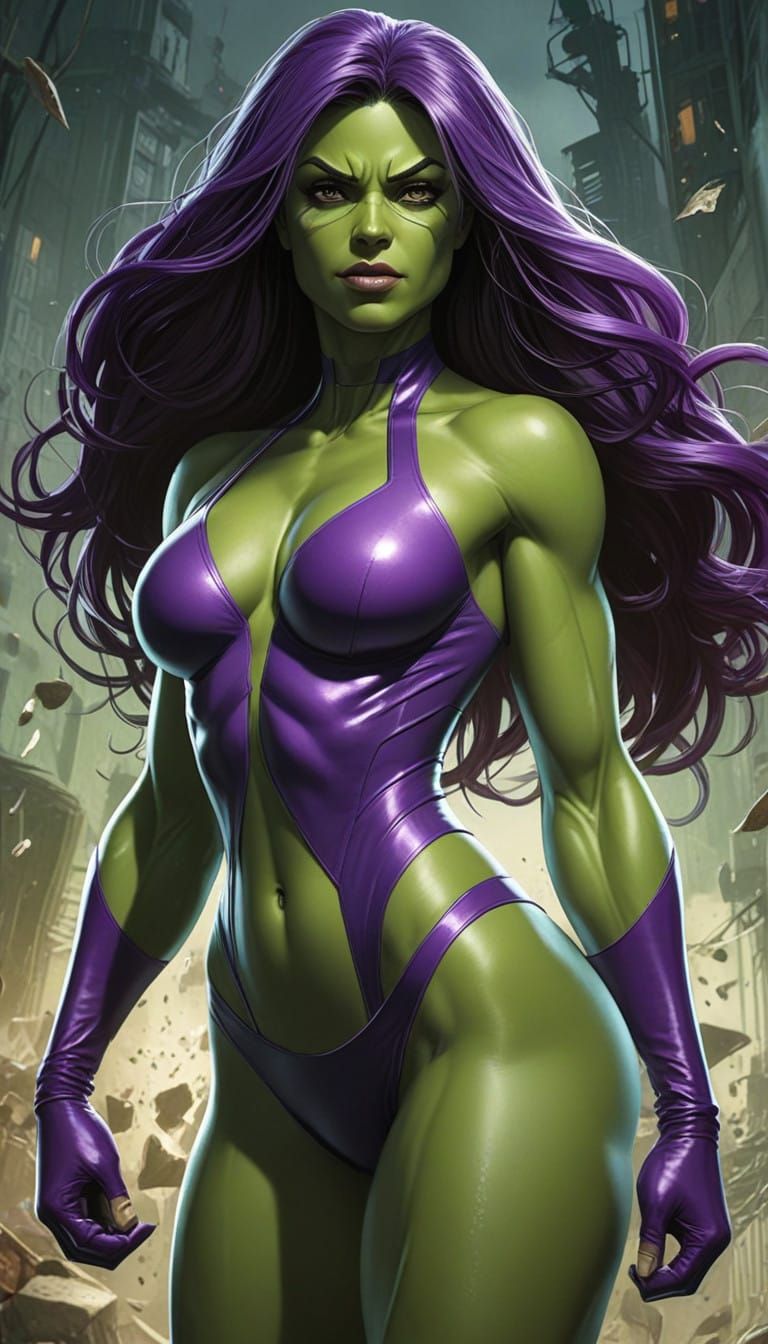 She-Hulk Flexes in Vibrant Purple Swimsuit, Showcasing Stren...