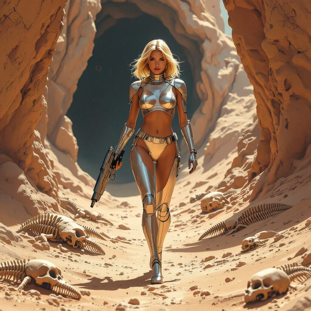 Futuristic Blond Explorer on Barren Alien World