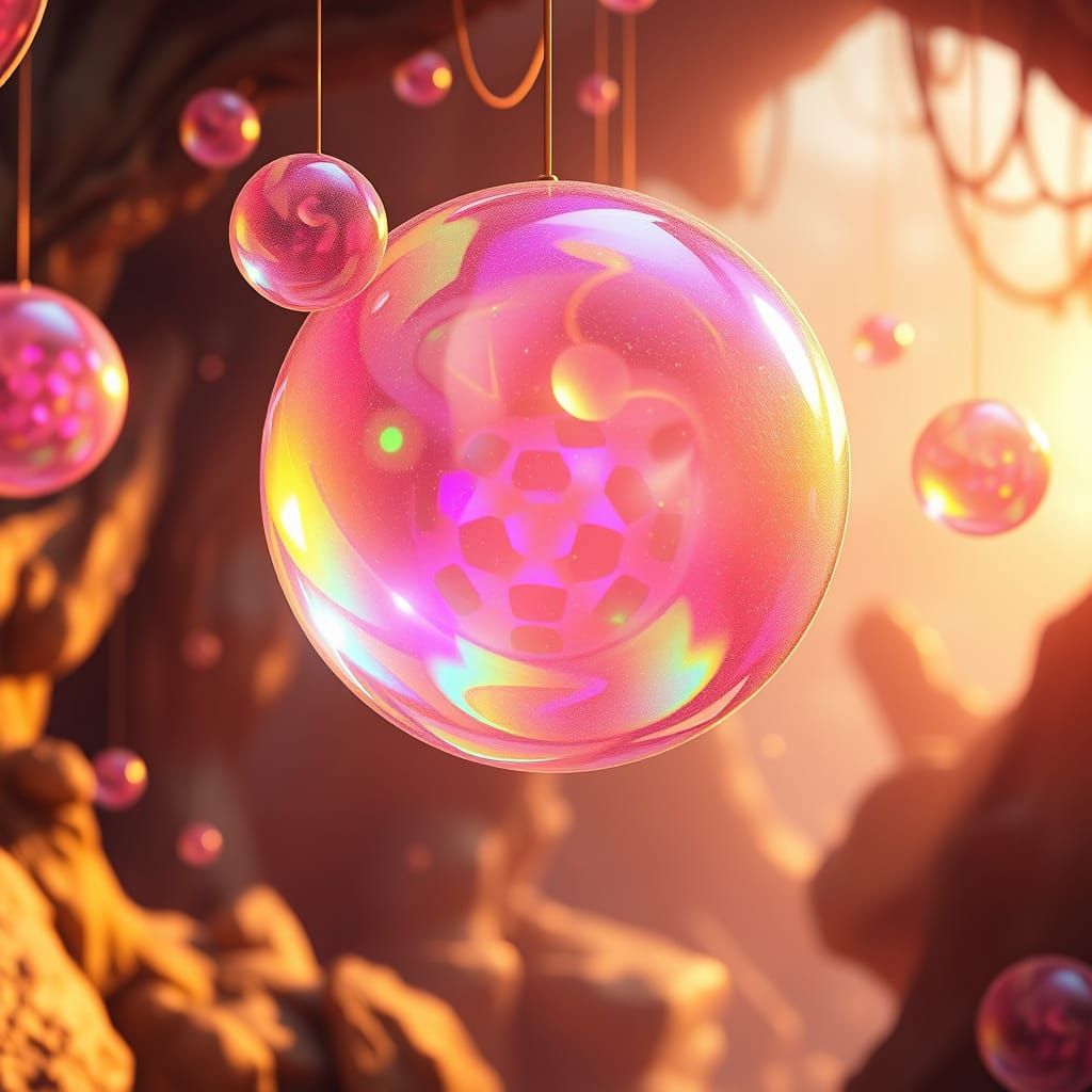 Iridescent Bubble Gum Orbs in Dreamlike Fantasy Environment