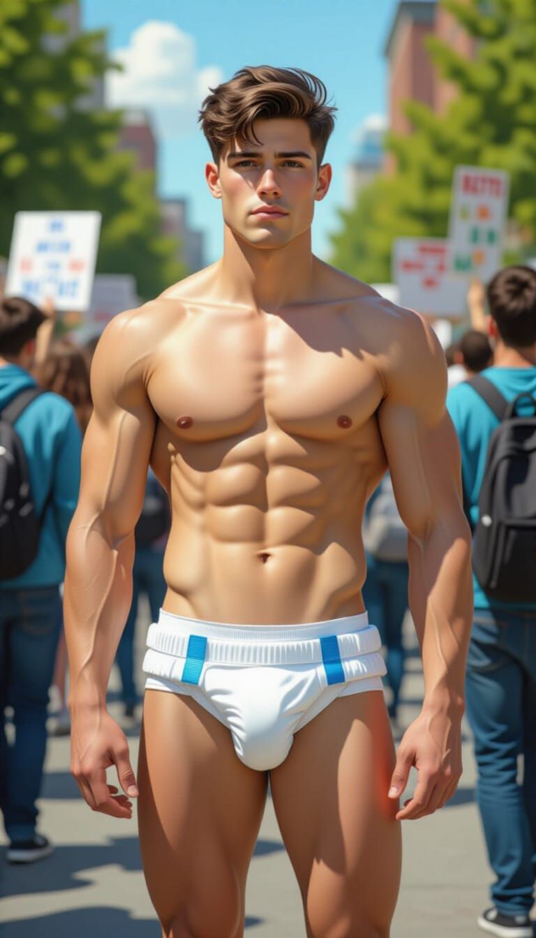 Diapered Man at College Protest, Photorealistic Style