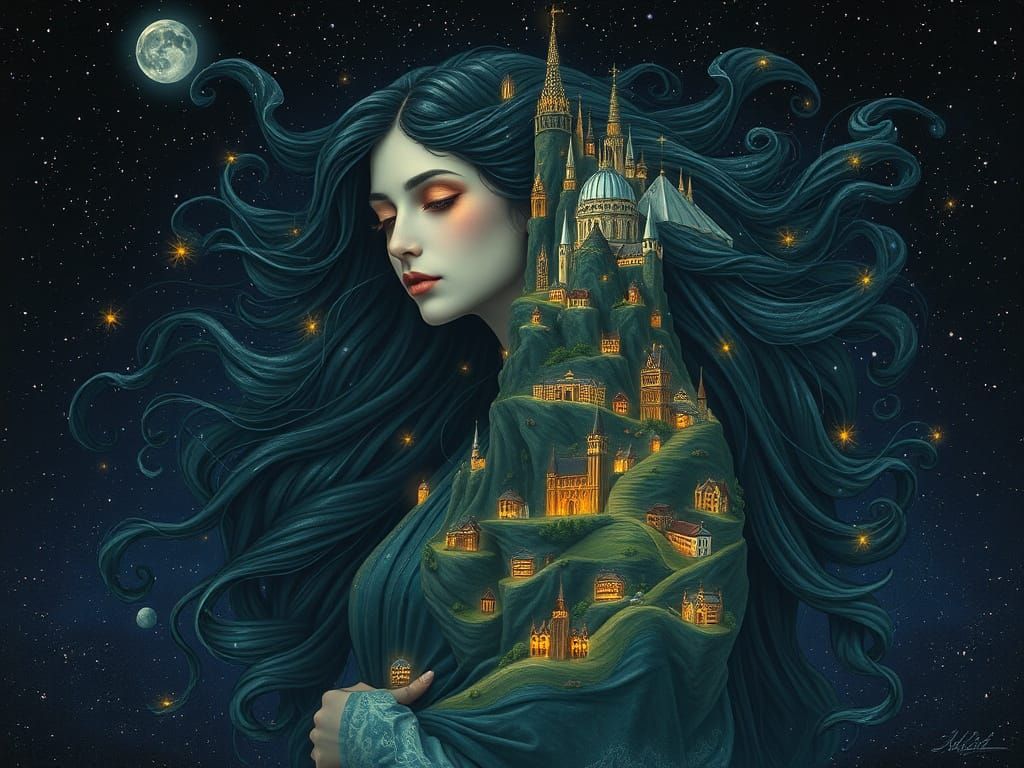 Surreal Goddess with Dreamlike Cities in Her Hair and Body