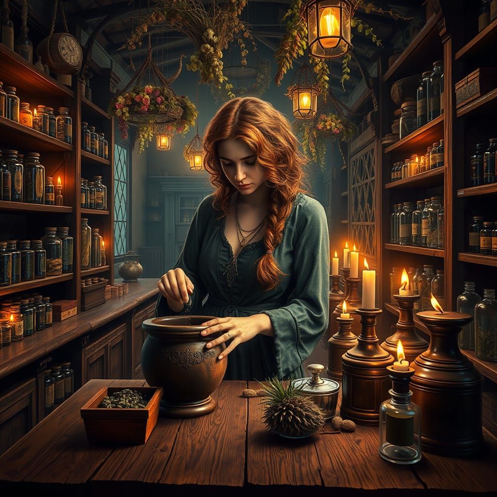 Mystical Herbalist in Medieval Pharmacy
