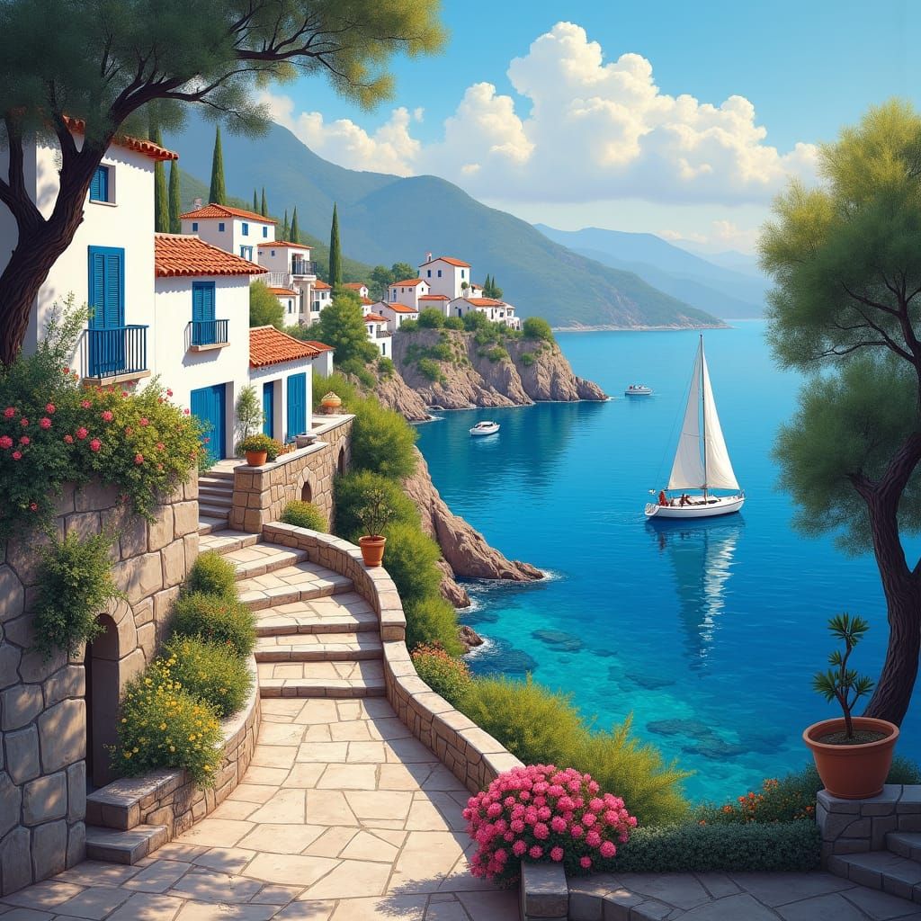 Idyllic Mediterranean Coastal Village with Whitewashed House...