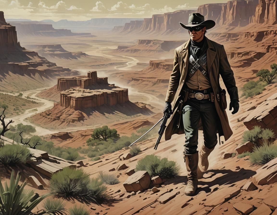 Lone Ranger Patrolling Barren Land in Comic Book Style
