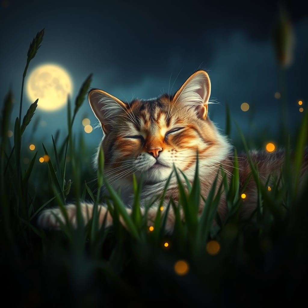 Ethereal Cat in Moonlit Meadow