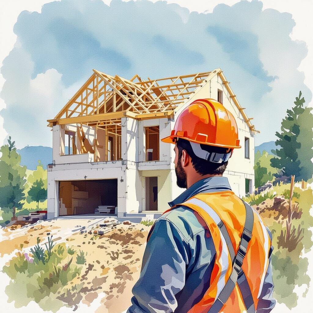 Construction Worker in Watercolor Style House Portrait