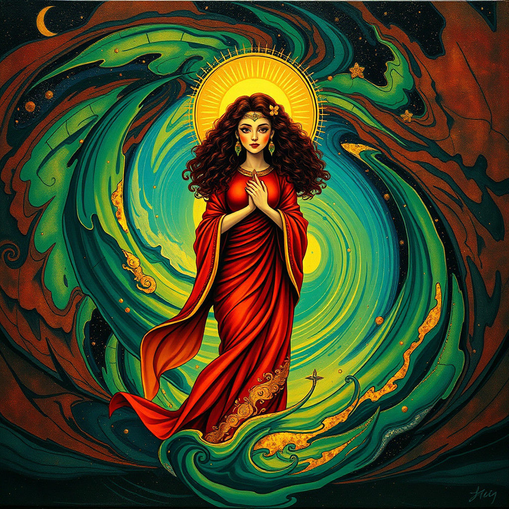 Goddess with Vinyl Planet in Dreamlike Style