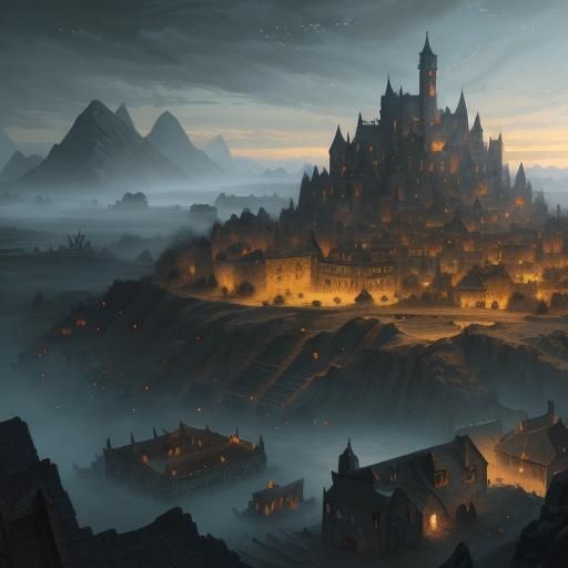 Fantastical Village Token in Desolate Landscape