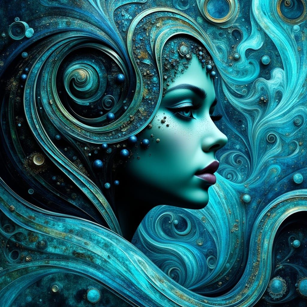 Dreamscape Portrait with Fractal Swirls in Blue Hues