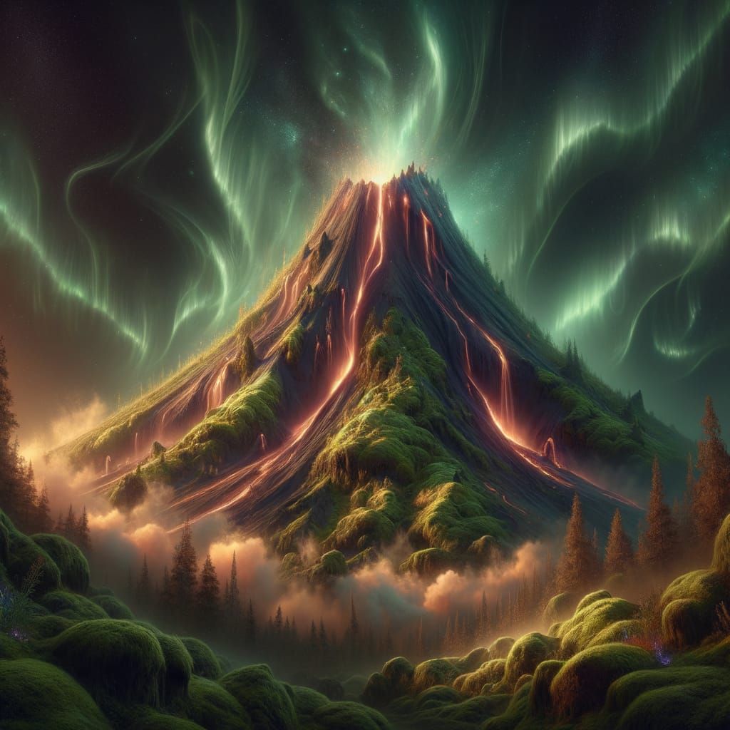 Mossy Volcano Under Aurora Sky with Lava Flows