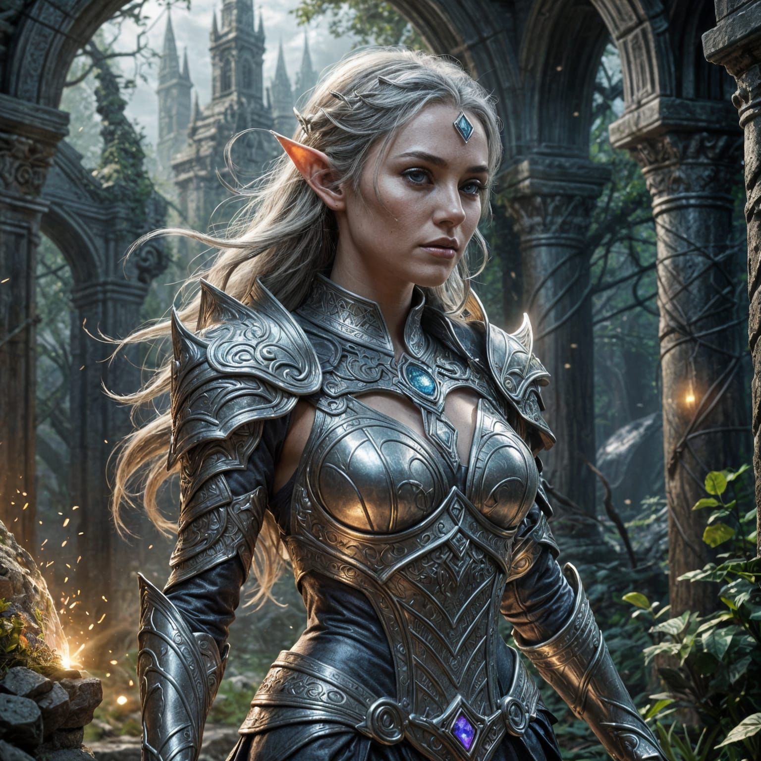 Elf Mage Conjures Arcane Vortex in Ruin