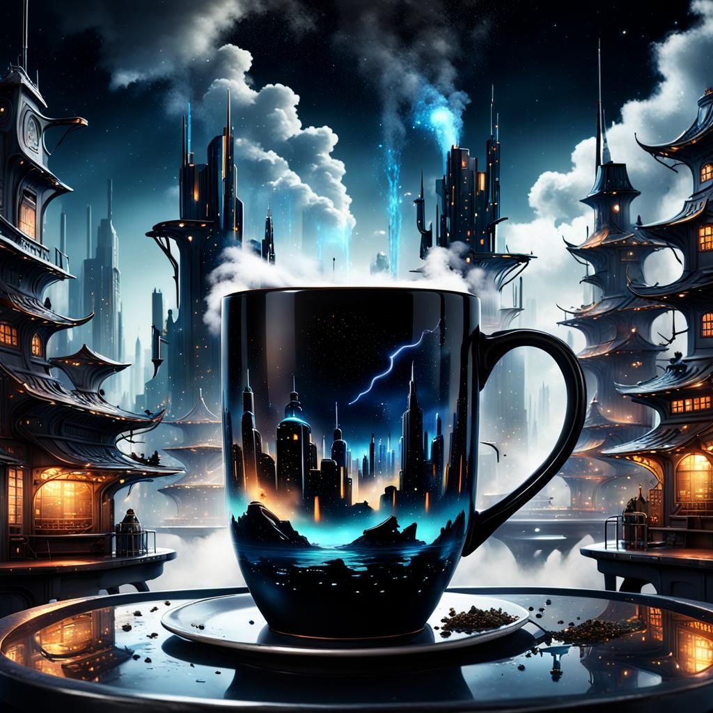 Futuristic Mug with Cityscape, Matte Painting