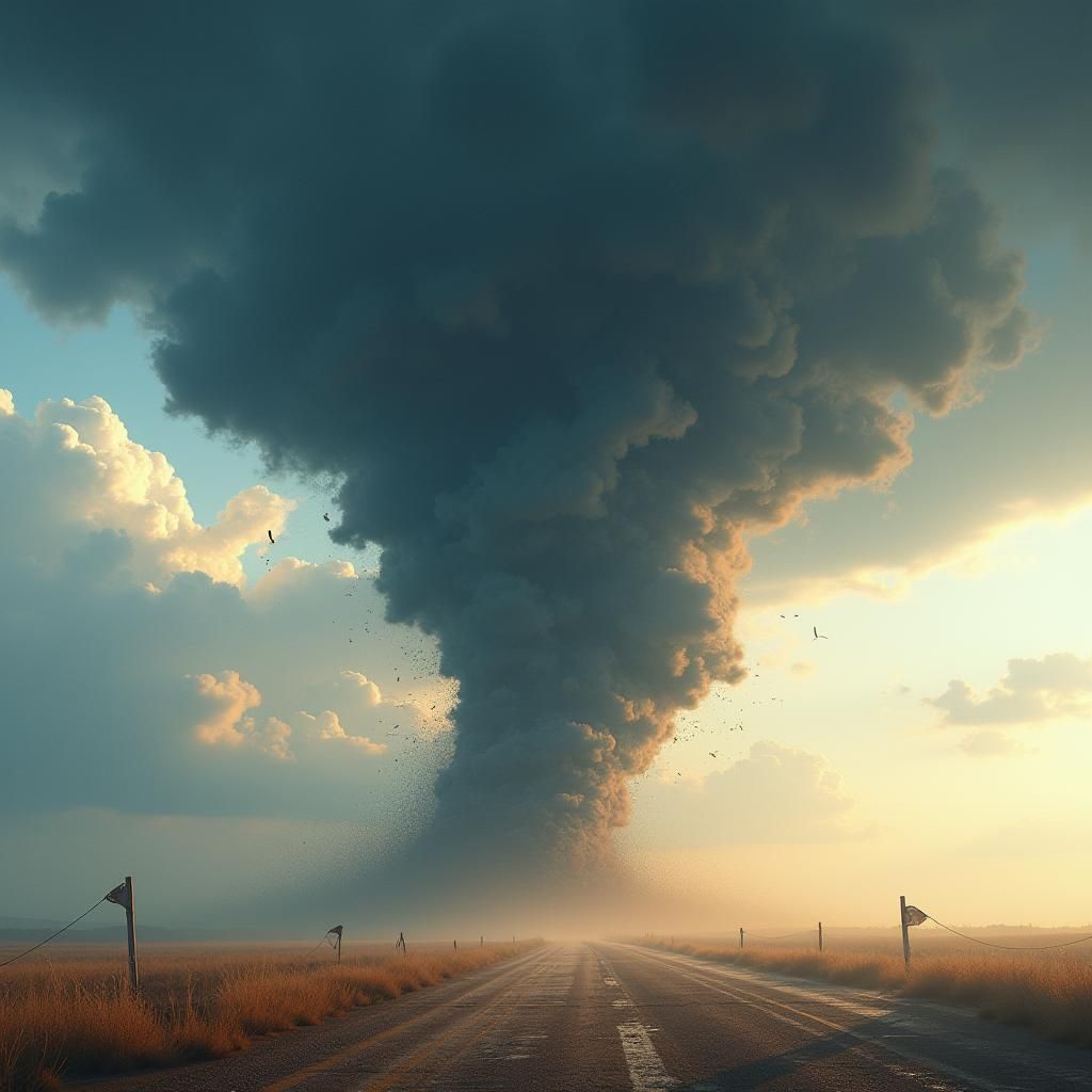 Realistic F5 Tornado Under Golden Sunlight