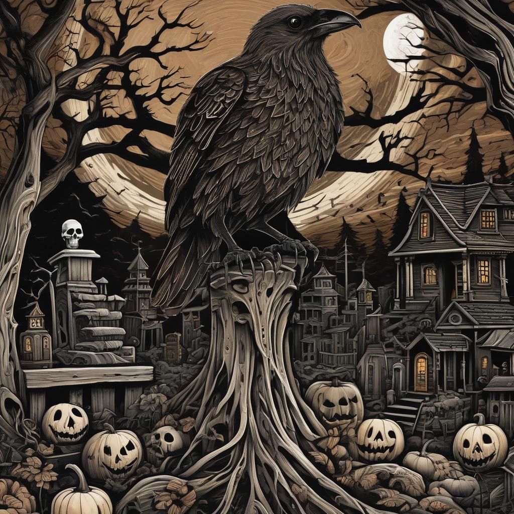 Eerie Raven Totem in Graveyard Woodcut