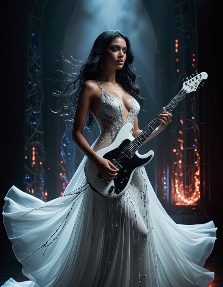 Dominican Woman on Stage with Electric Guitar in High Fashio...