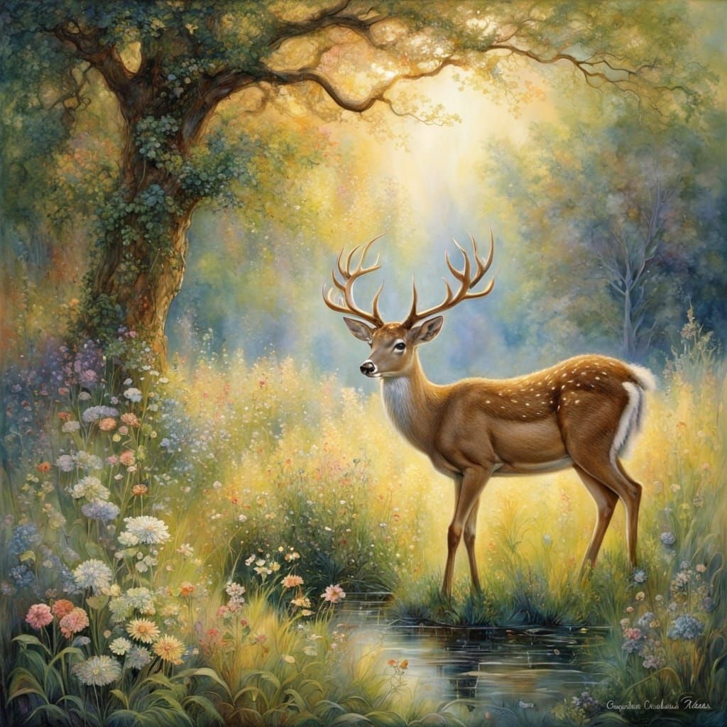 Deer in Meadow: Detailed Black and White Illustration