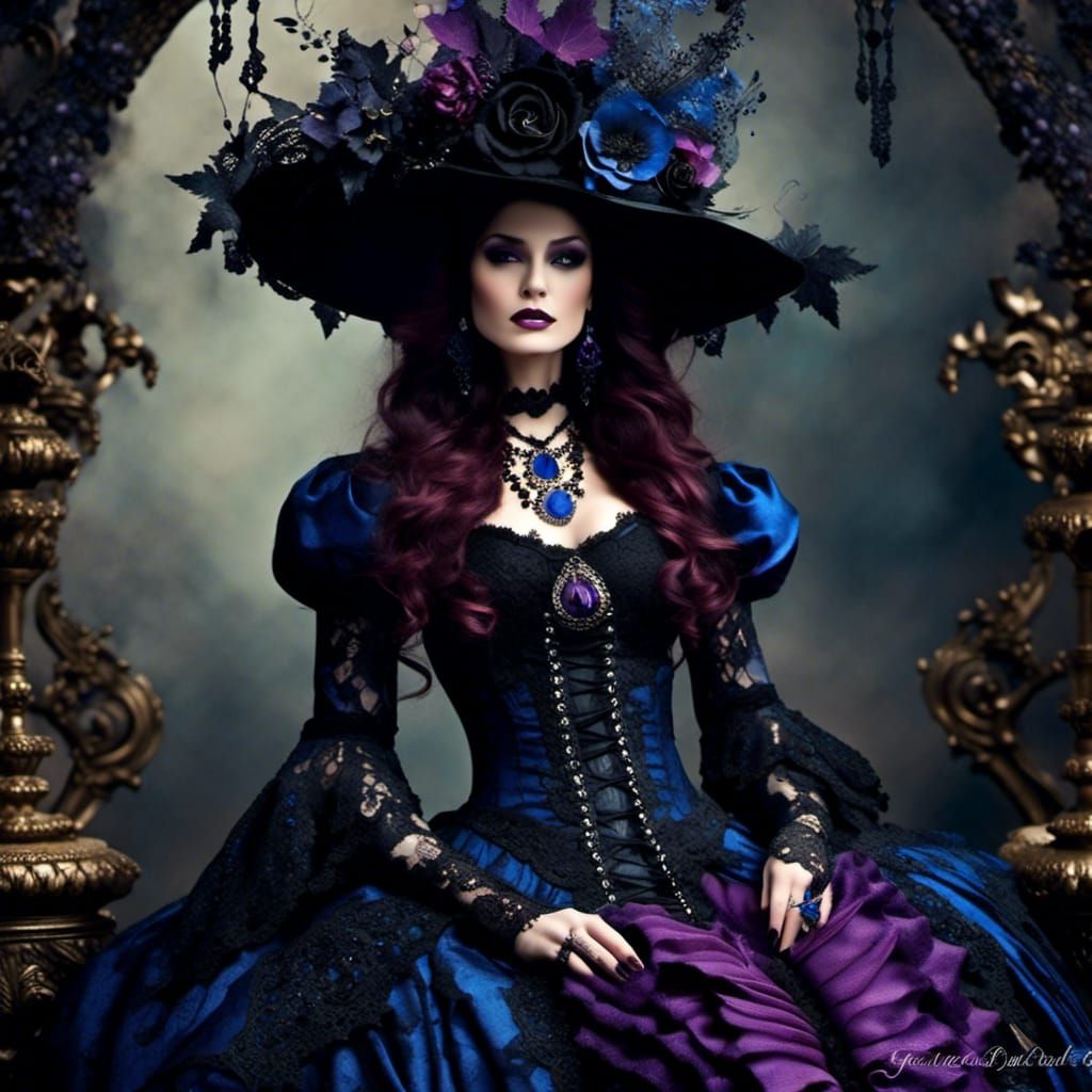 Gothic Witch with Black Lace in Blues and Purples