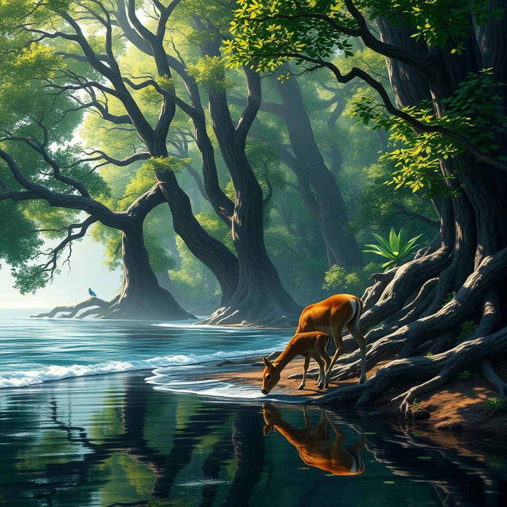 Coastal Woodland Mirroring Forest in Hyperrealistic Style