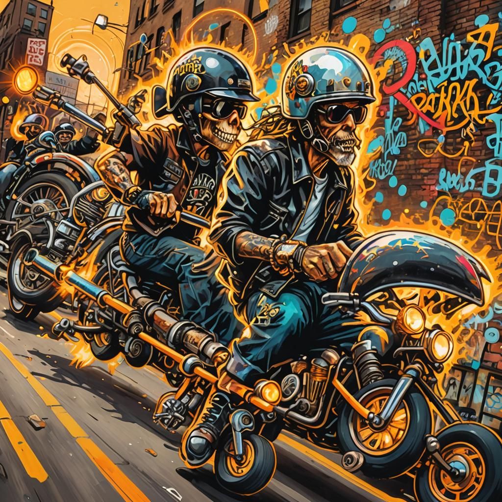 Rat Rod Bikers in Graffiti Art Style