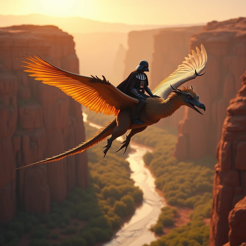 Majestic Flying Creature Soars over Desert Canyon in Sunset...