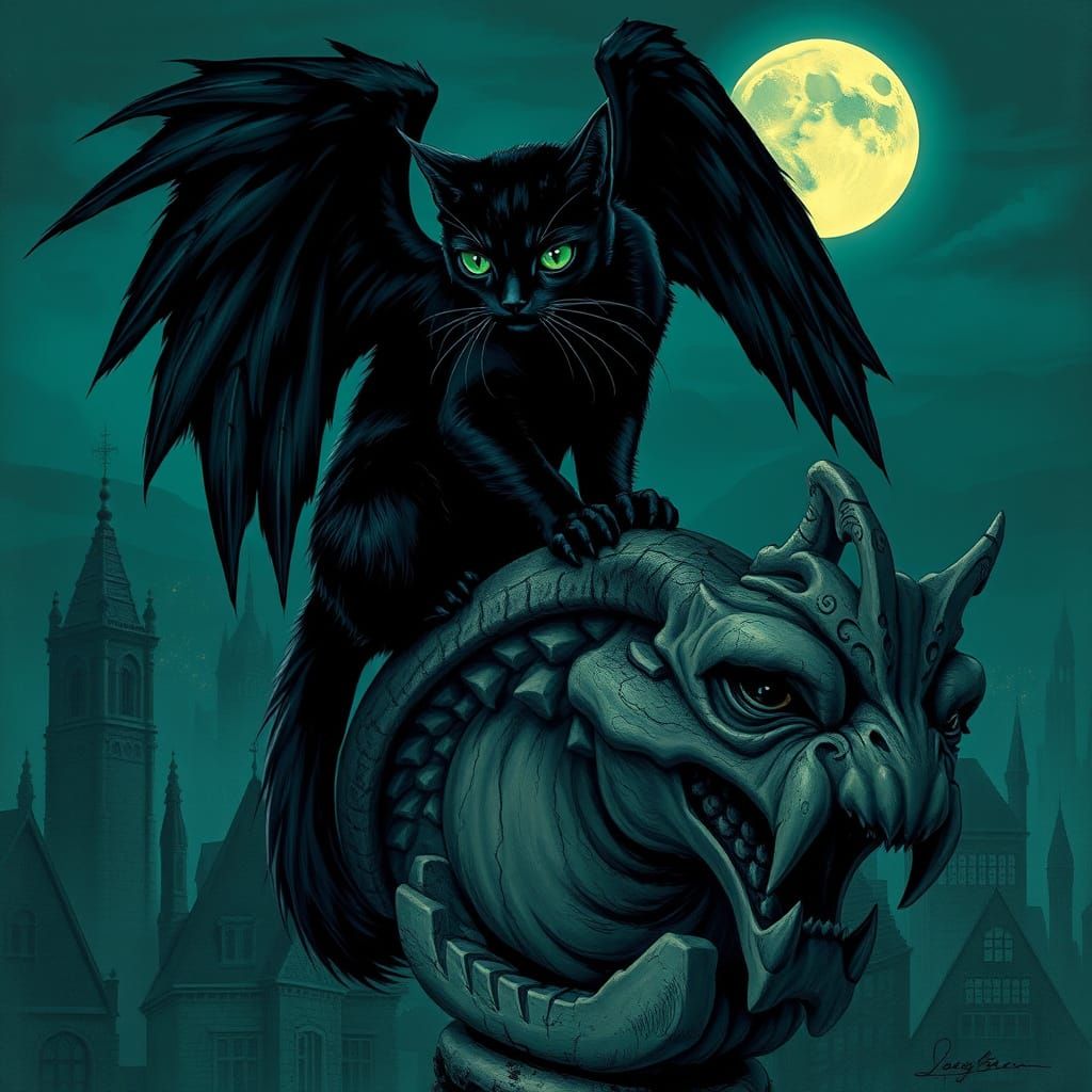 Majestic Winged Black Cat on Gargoyle