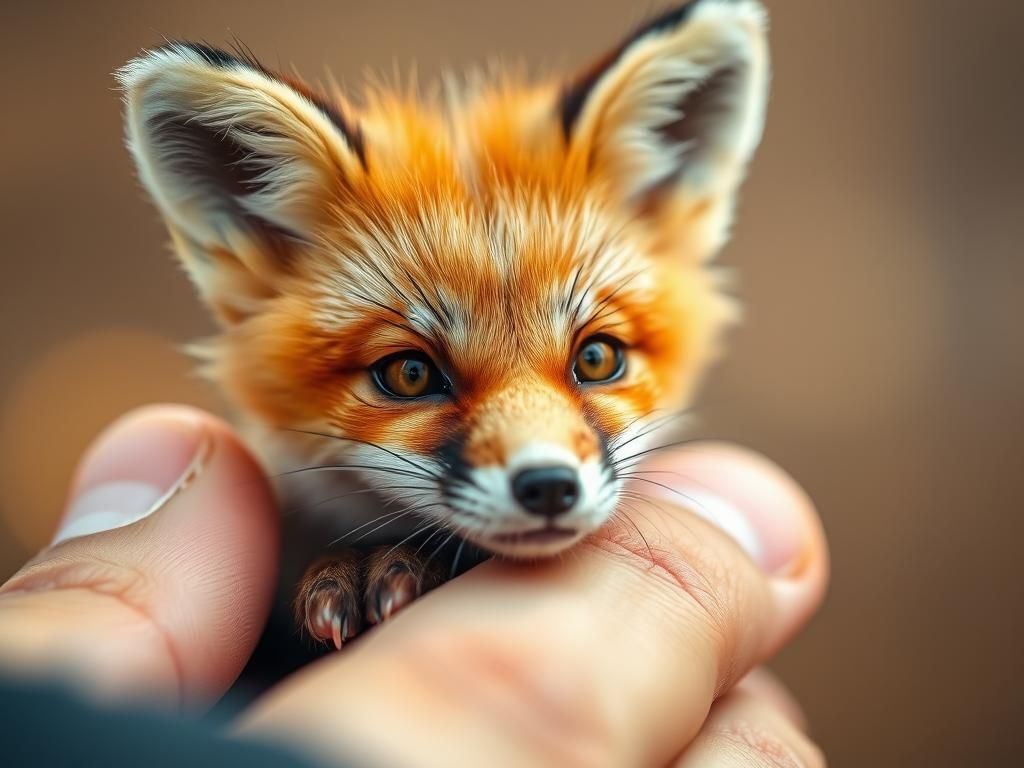 Miniature Fox Portrait in Human Hands