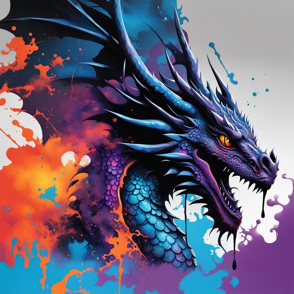 Dragon Silhouette in Fiery Sky: Graffiti Art