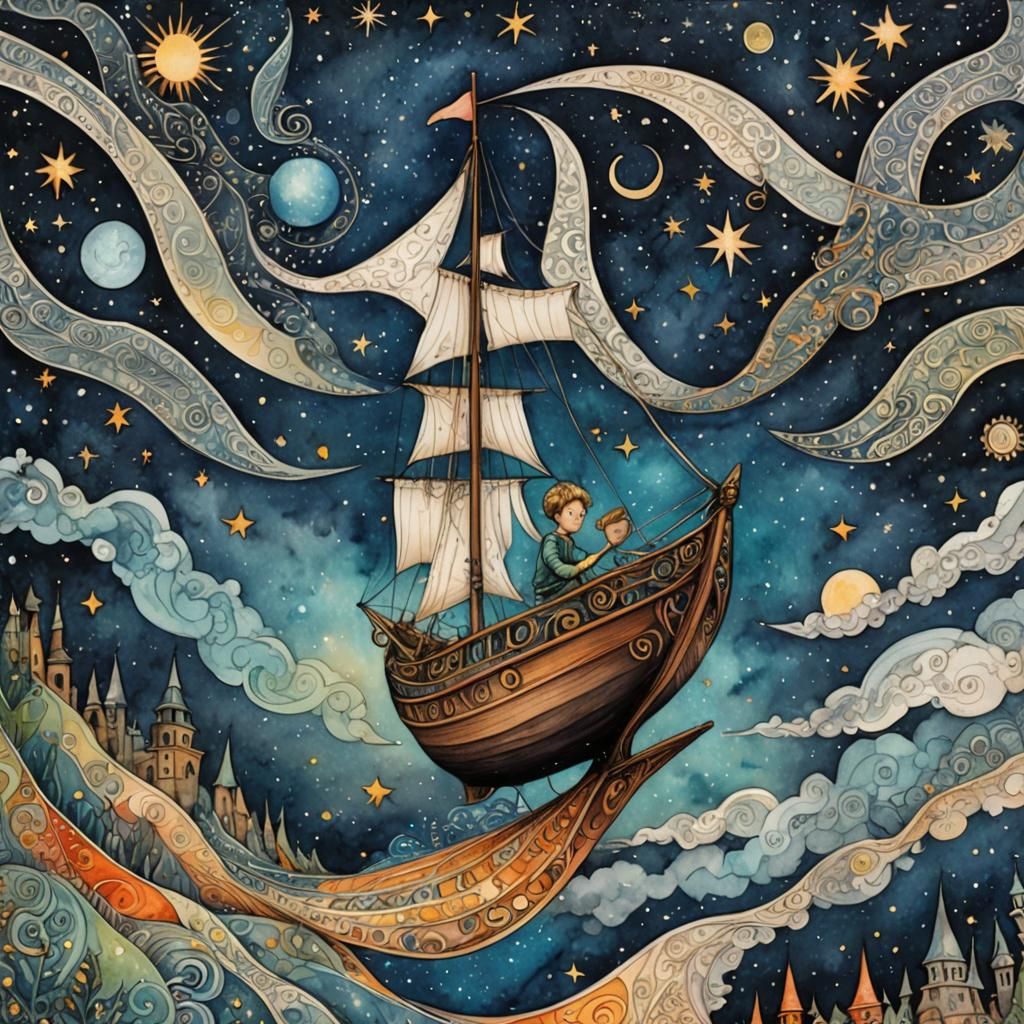 Boy Sailing Sky-Boat in Surreal Folk Art Style