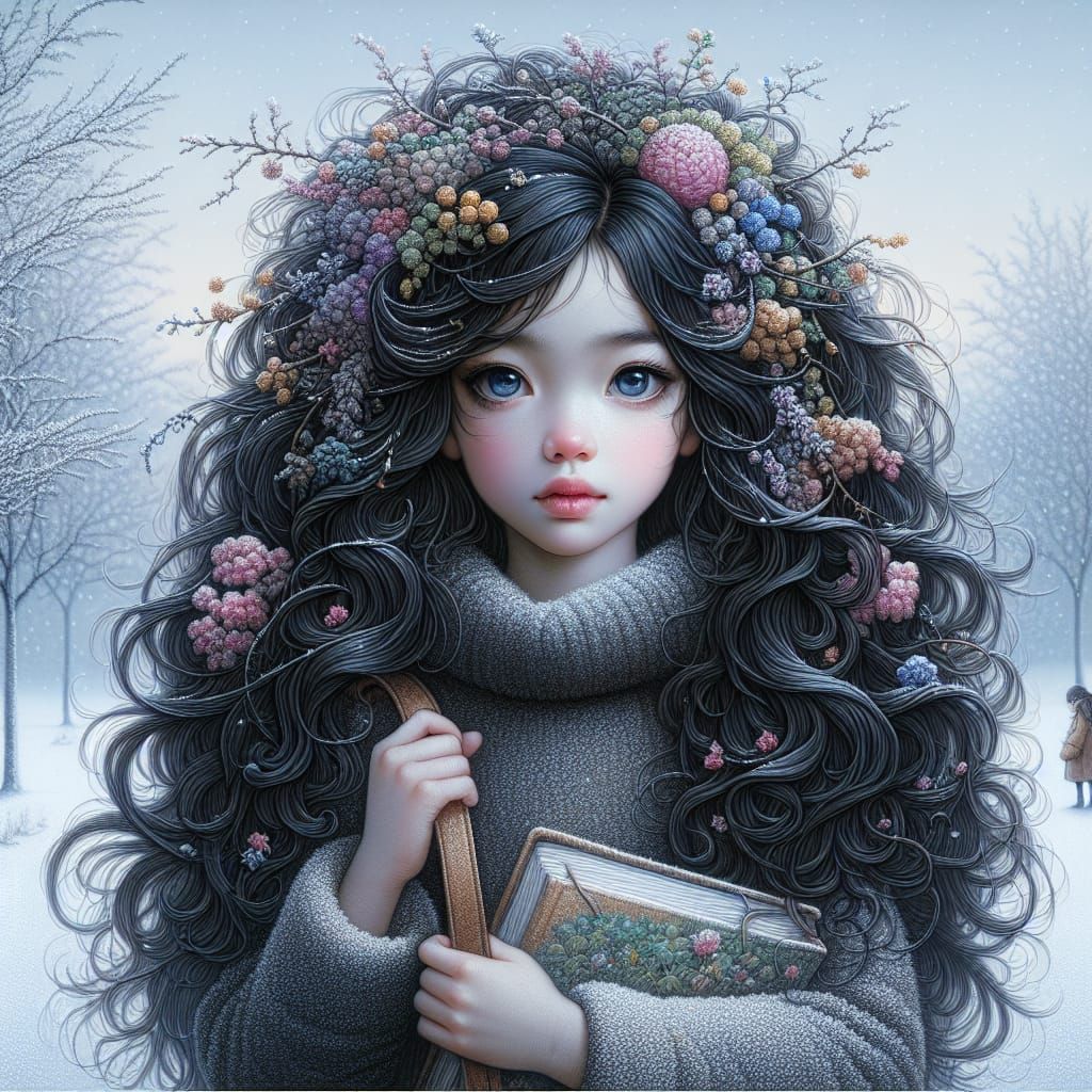 Enchanting Portrait of Girl with Blue Eyes in Snowy Landscap...