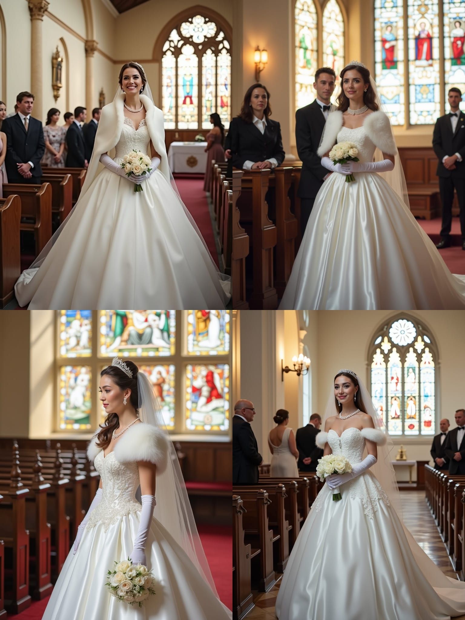 Bride in White Satin Wedding Dress