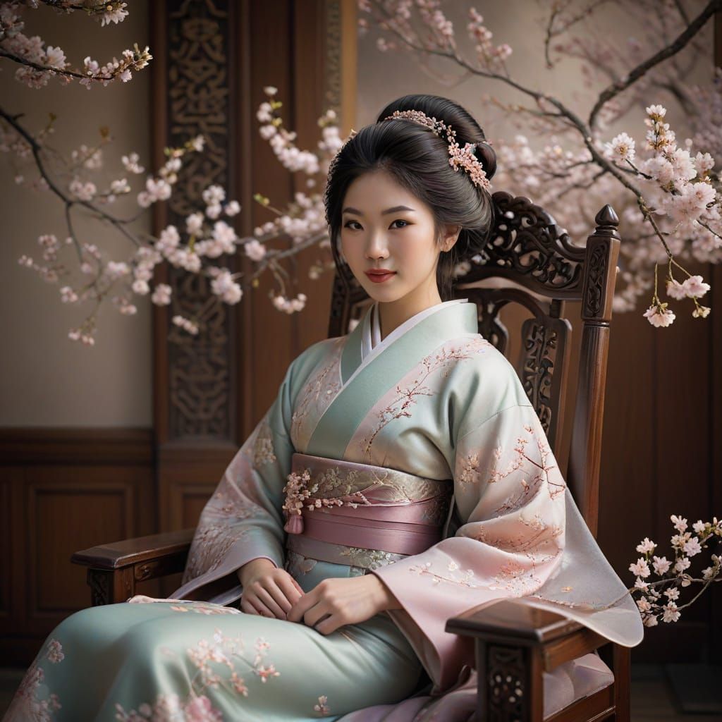 Japanese Geisha with Cherry Blossoms in Pastel Digital Art