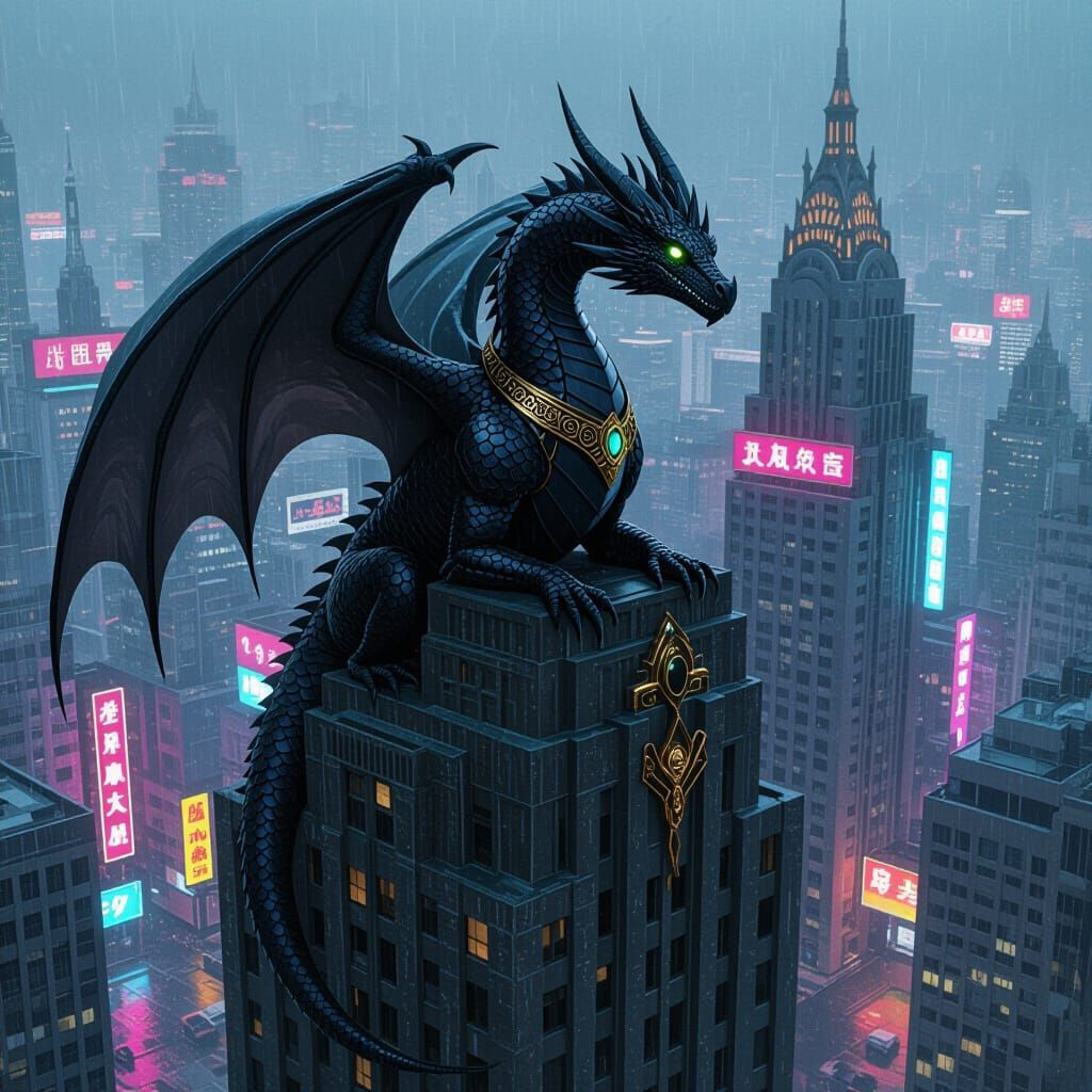 Cyberpunk Dragon Perched Atop Art Deco Skyscraper