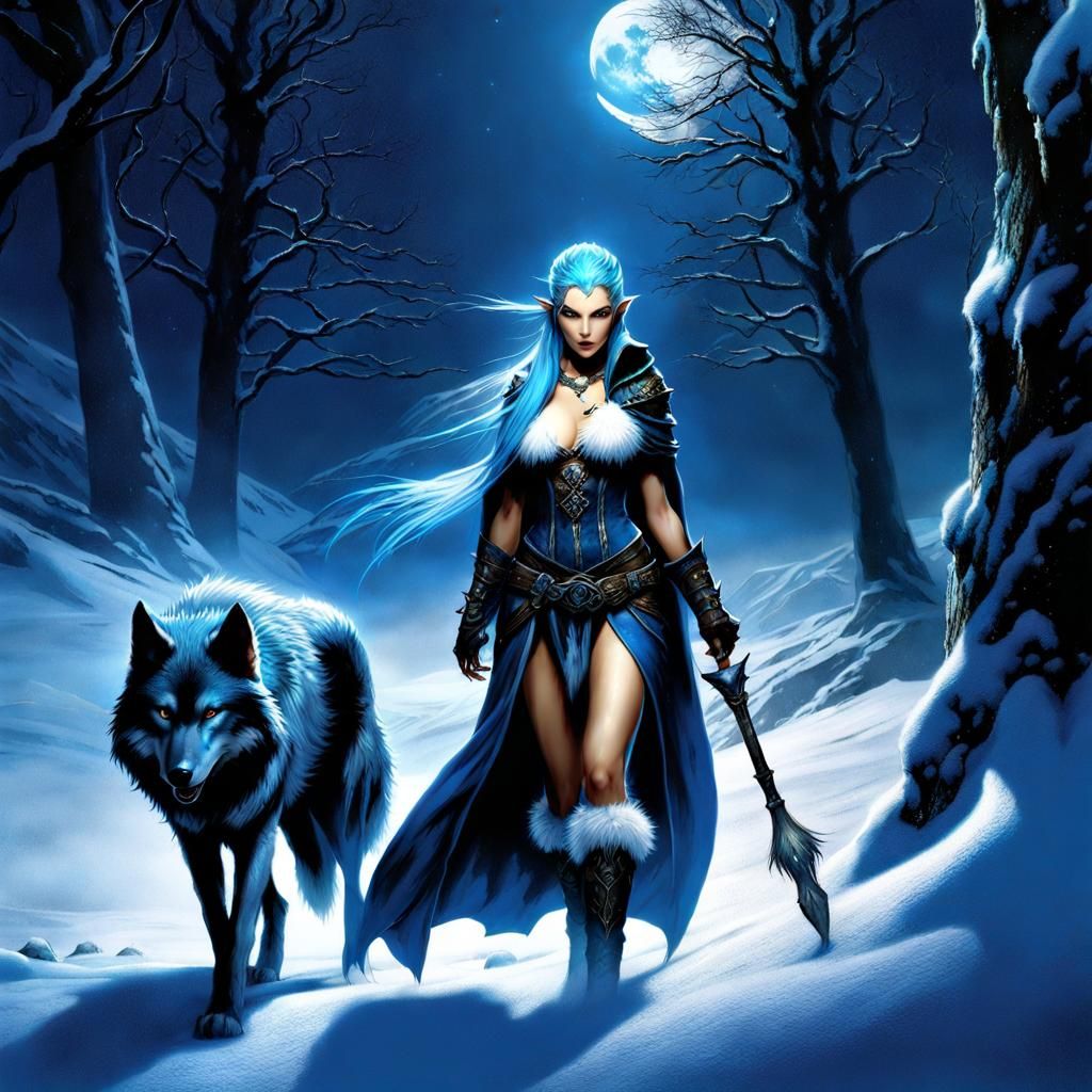 Elf Sorceress and Wolf in Snowy Landscape