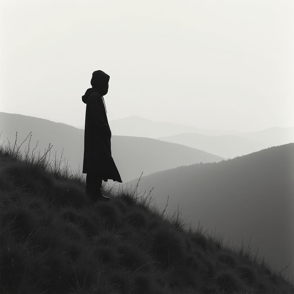 Monochrome Landscape with Lone Figure Contemplating Serenity