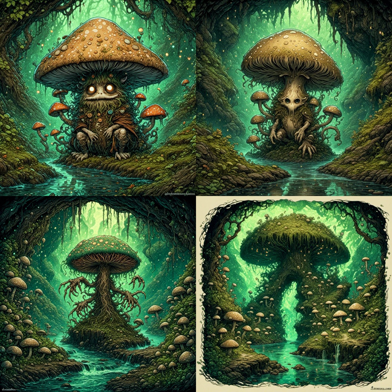 Mushroom Creature in Fungal Cave, Fantasy Illustration