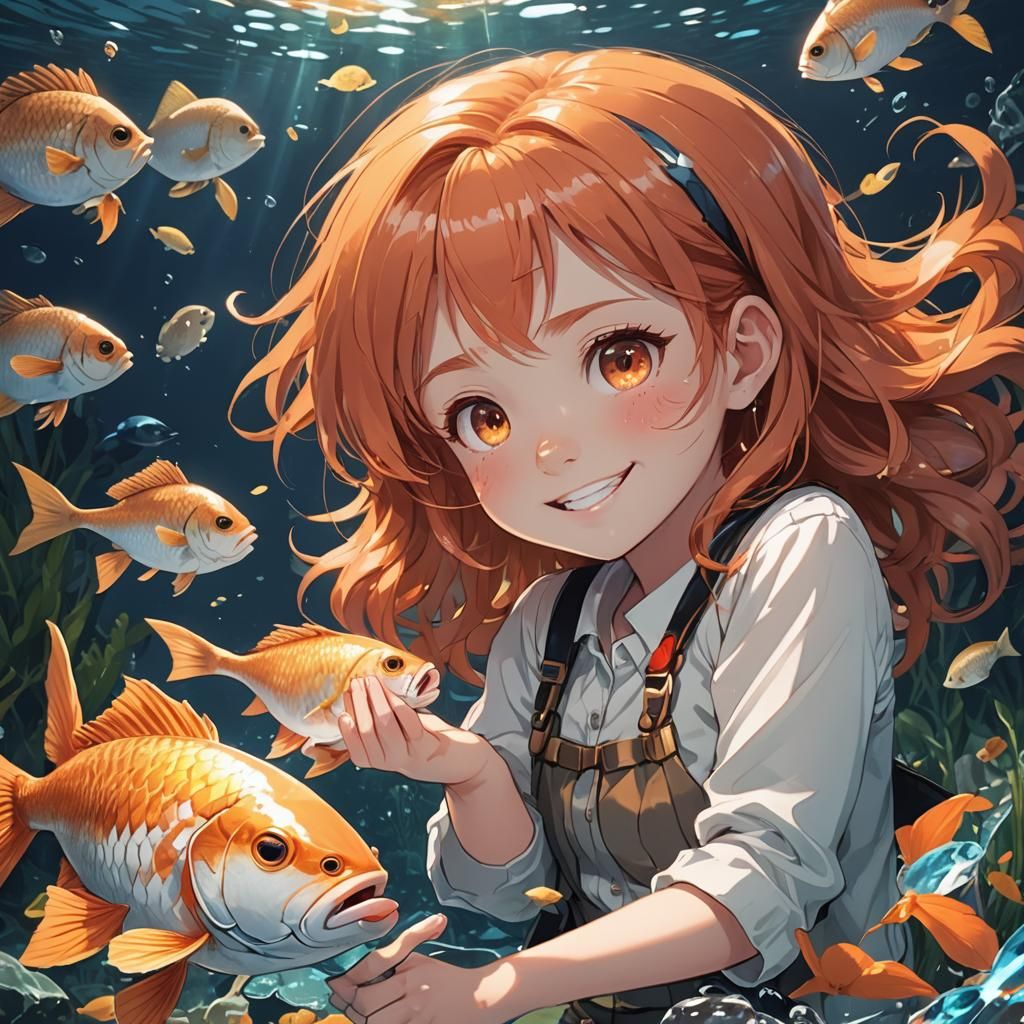 Girl Cuddling Fish in Anime Cel-Shaded Style