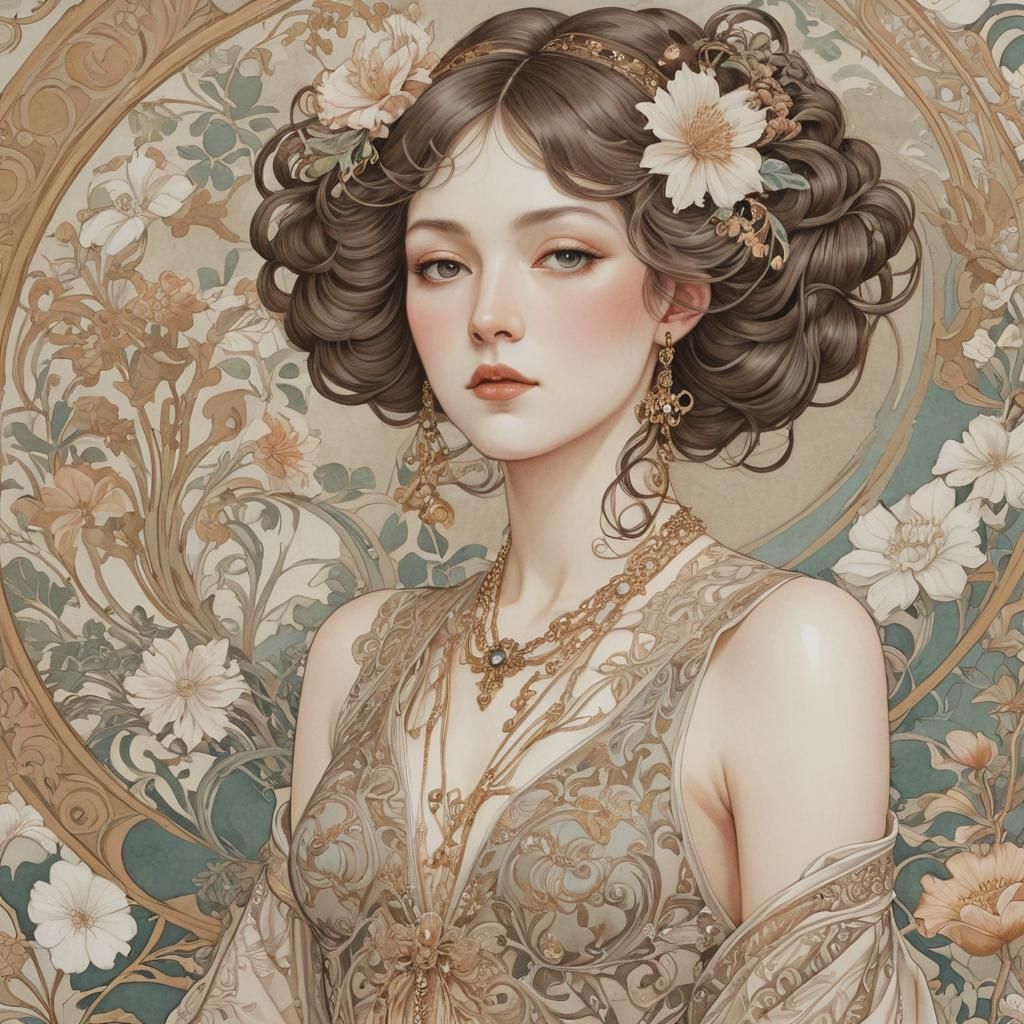 Elegant Art Nouveau Portrait in Aubrey Beardsley Style