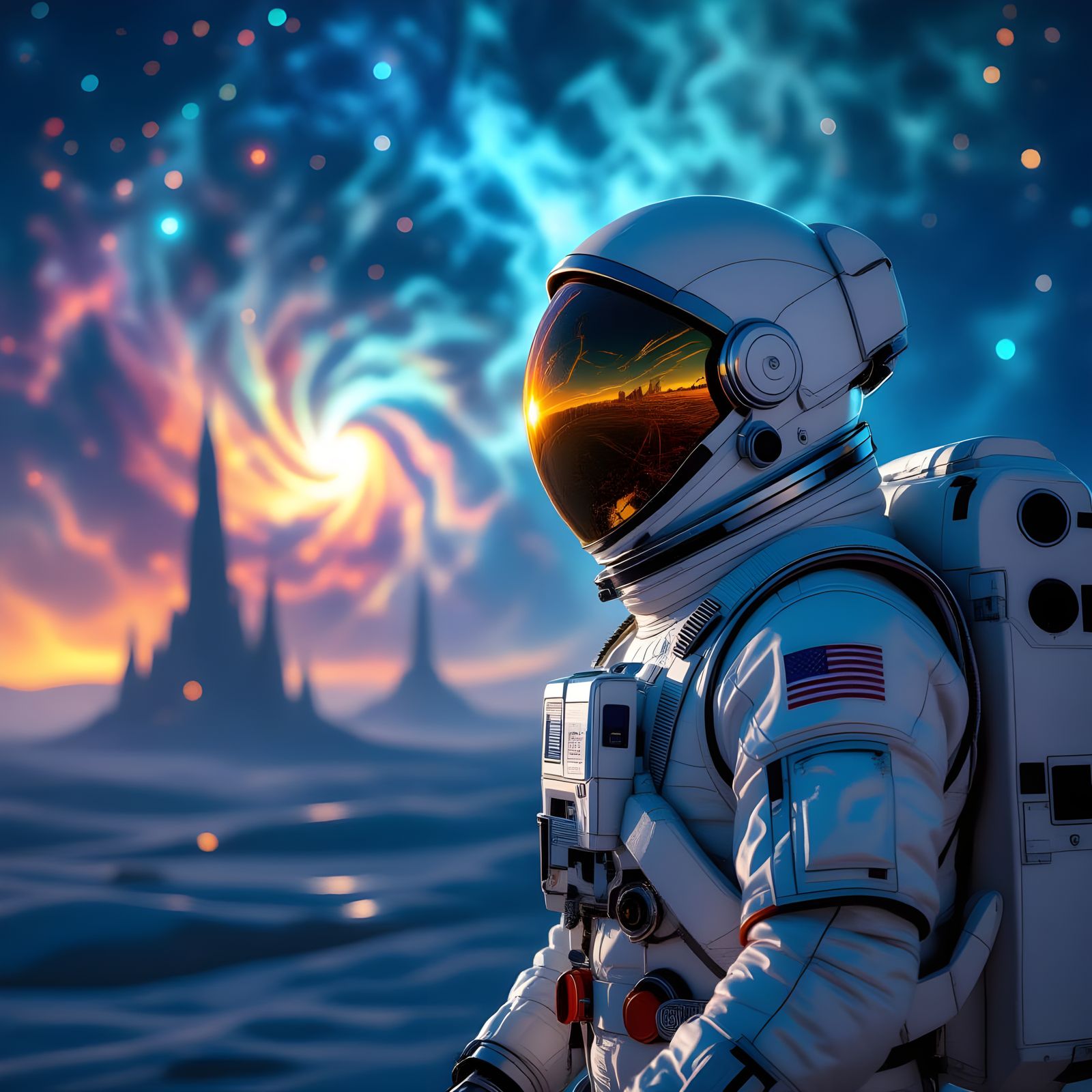 Astronaut Gazing at Geometric Nebula, Hyperrealistic Detail
