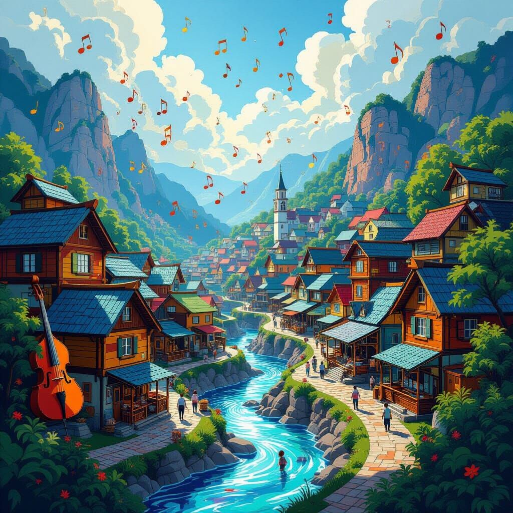 Musical Village in Cubist Art Deco Style