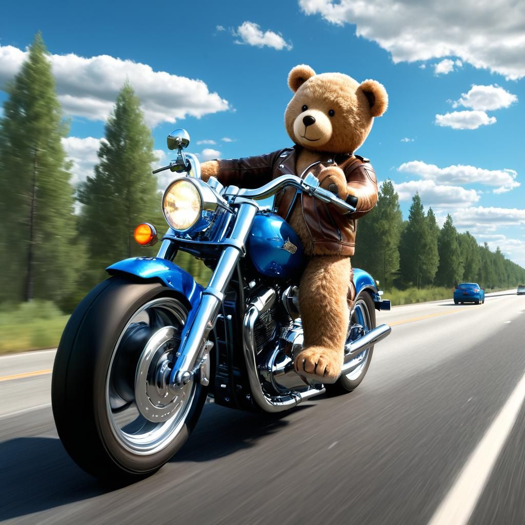 Biker Teddy Bear on a Motorcycle: Hyperrealistic Concept Art