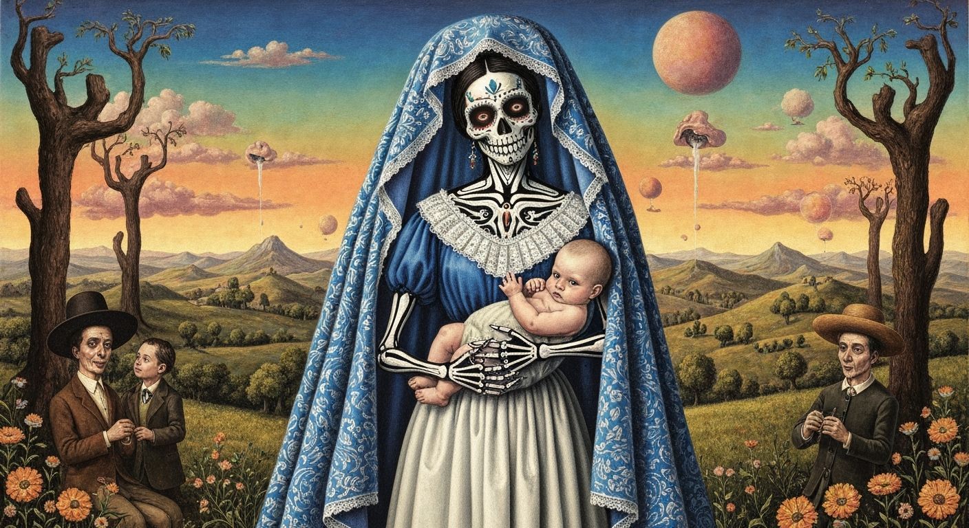 Catrina with Baby in Surreal Mexican Landscape