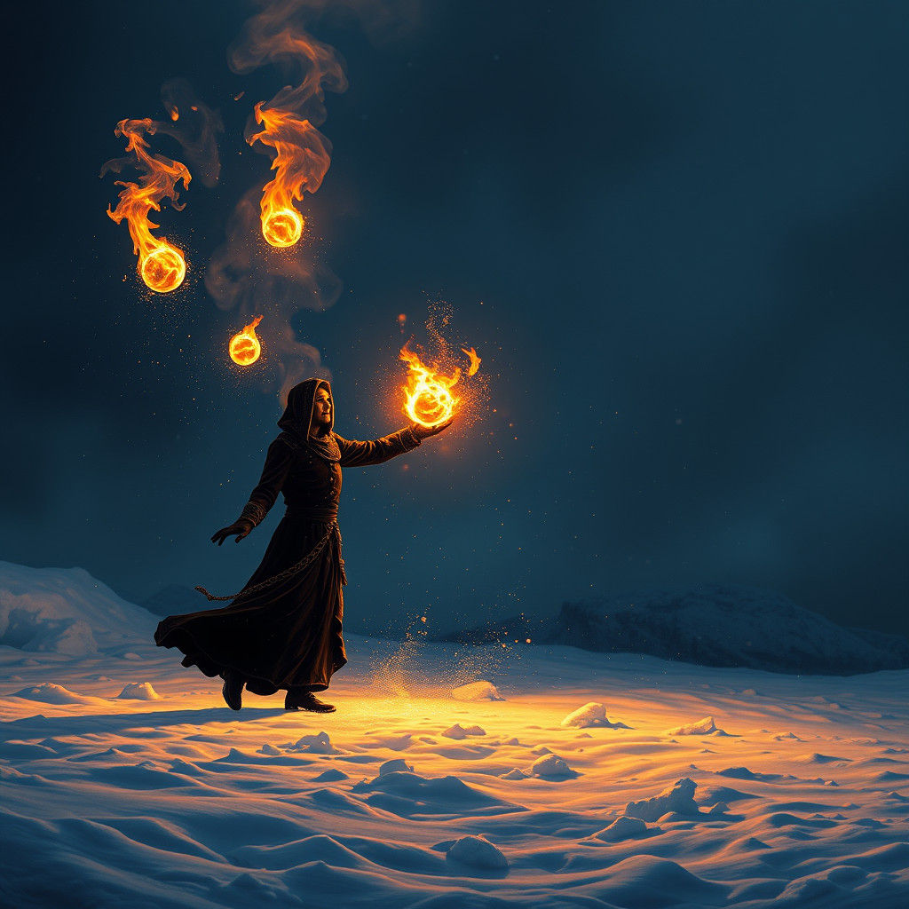 Fire Juggler Dances in Frozen Night: Mystic Realm