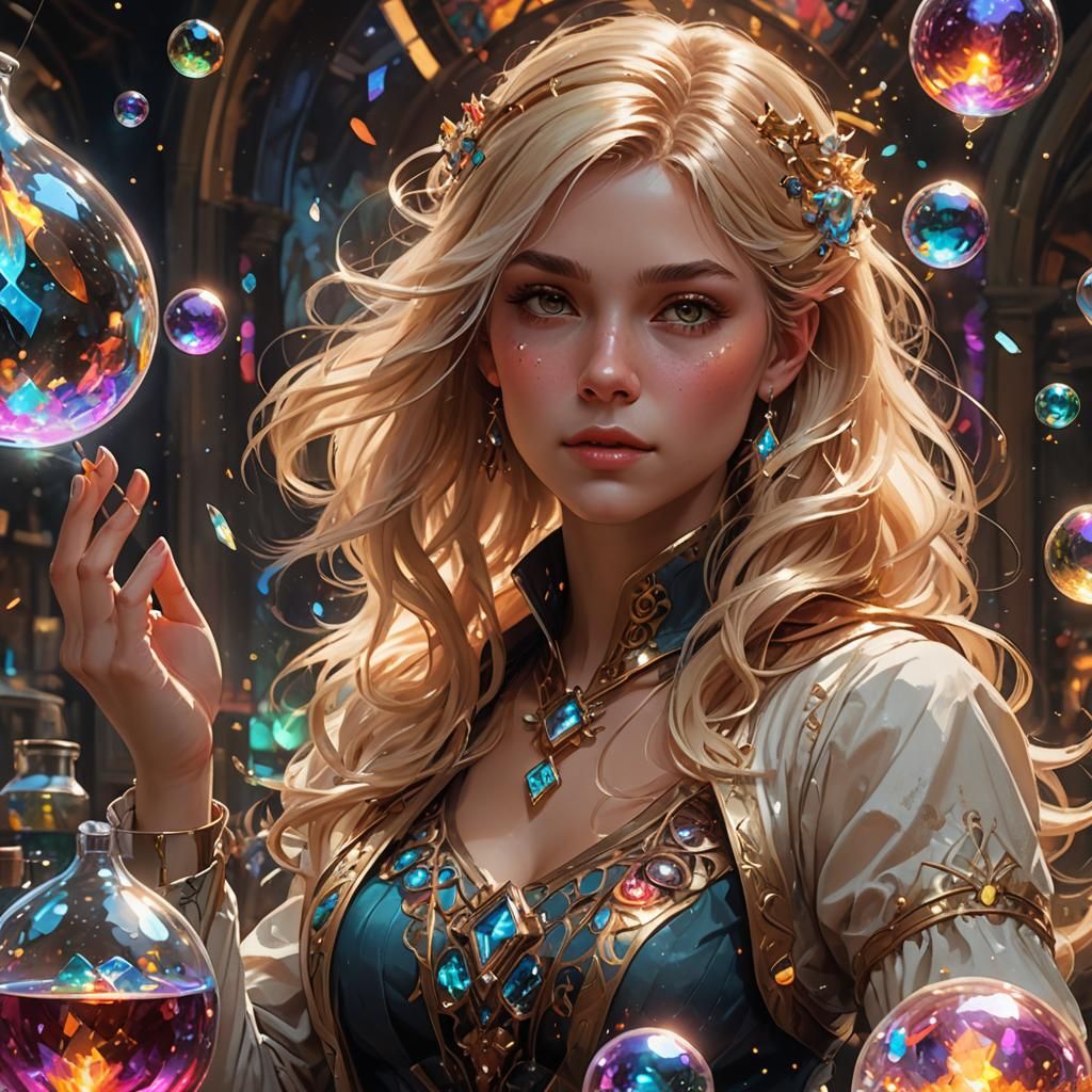 Telekinetic Girl Lifts Potions in Magical Portrait