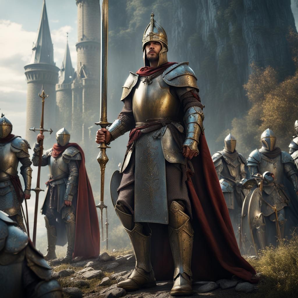 King Arthur Raises Excalibur with Armored Knights